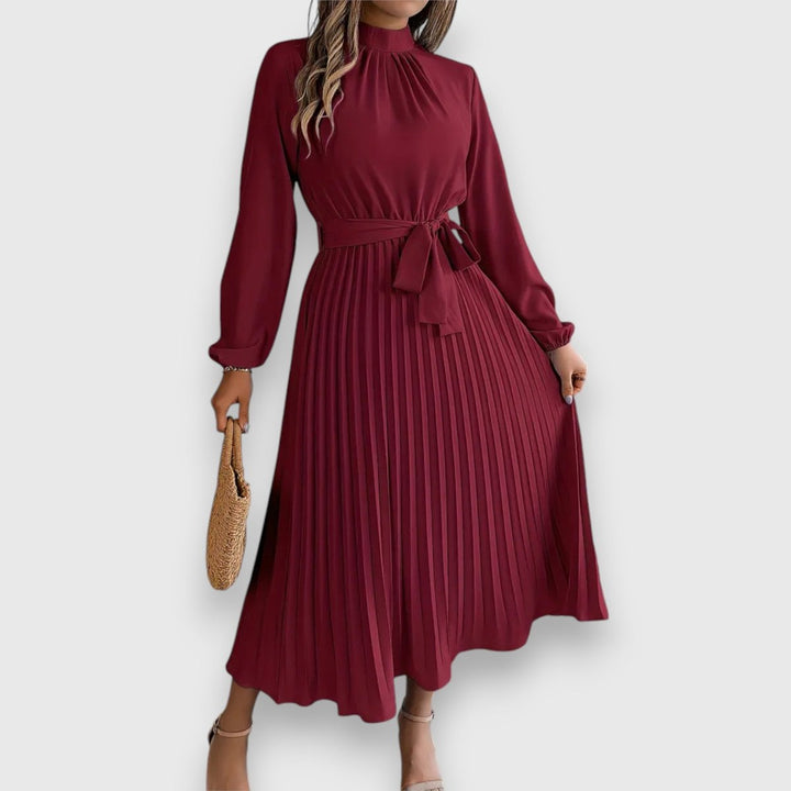 Women's Long-Sleeve Pleated Belted Fall Midi Dress