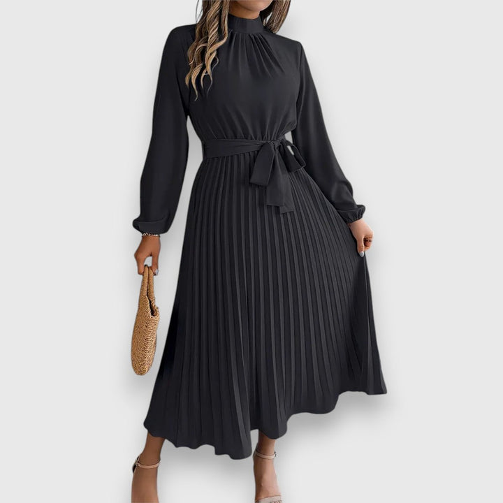 Women's Long-Sleeve Pleated Belted Fall Midi Dress
