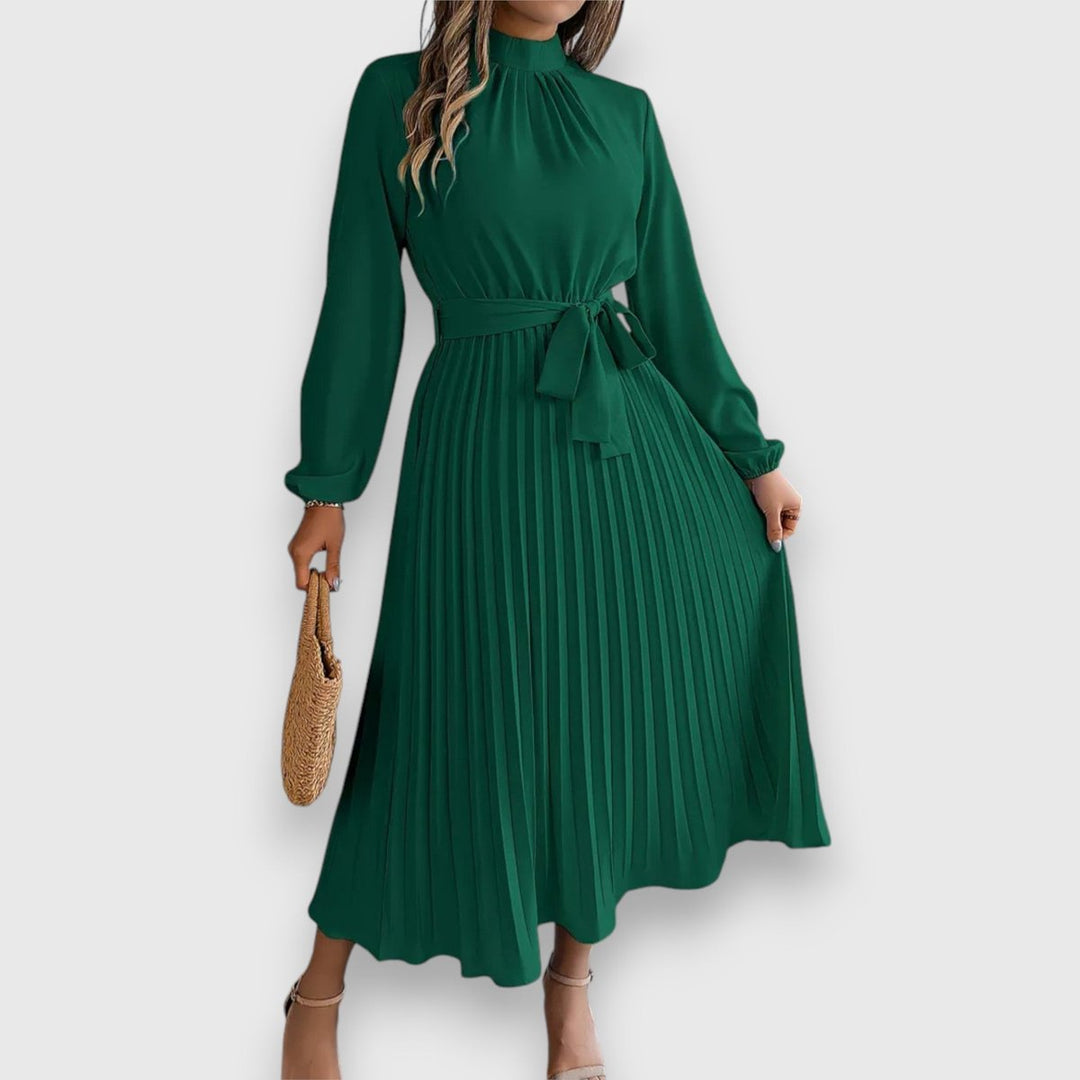 Women's Long-Sleeve Pleated Belted Fall Midi Dress