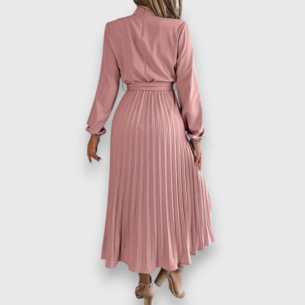 Women's Long-Sleeve Pleated Belted Fall Midi Dress