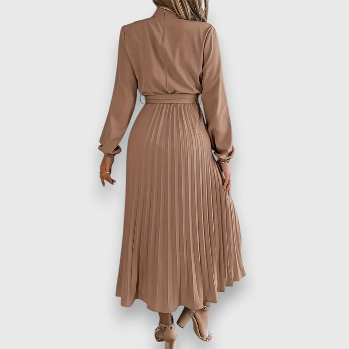 Women's Long-Sleeve Pleated Belted Fall Midi Dress