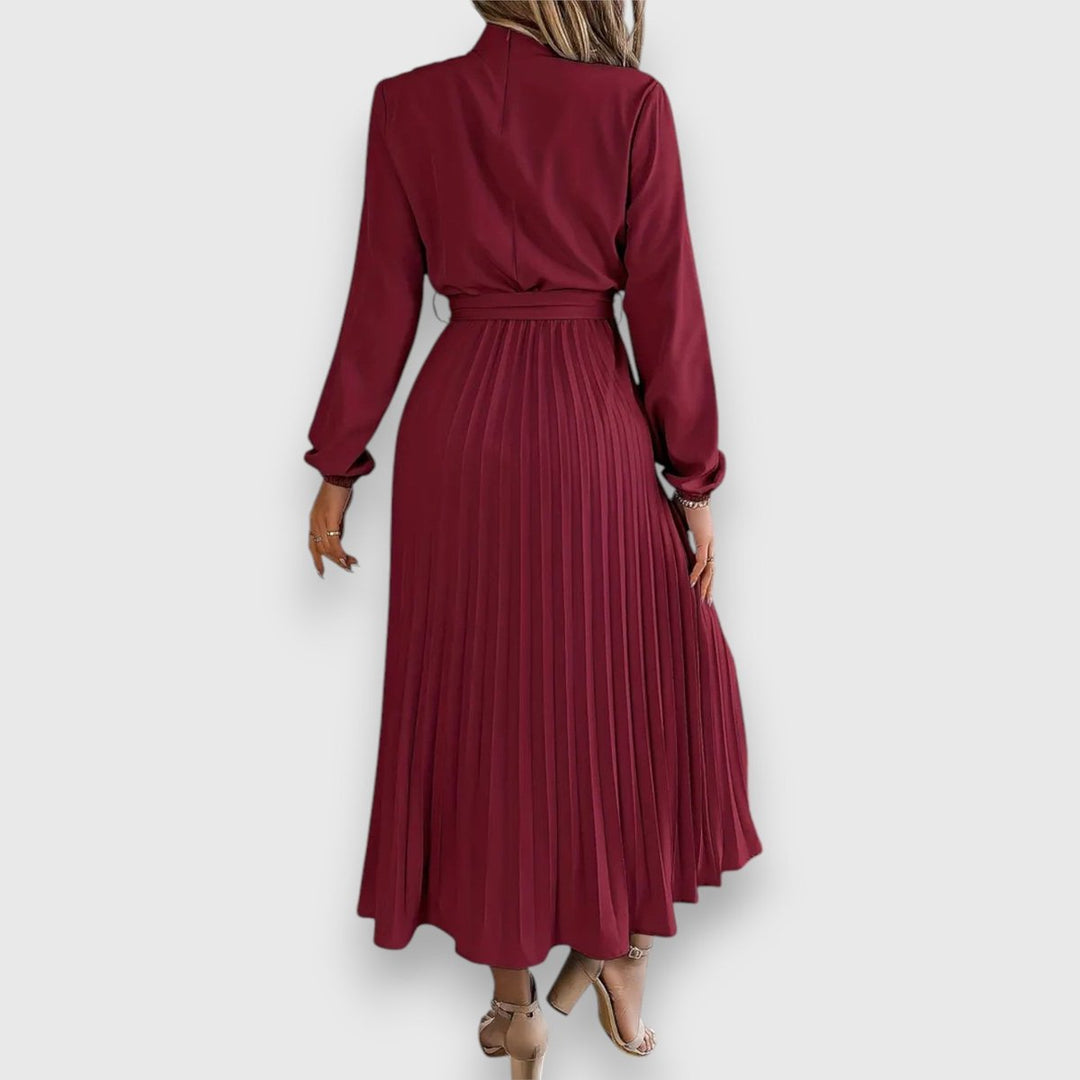 Women's Long-Sleeve Pleated Belted Fall Midi Dress