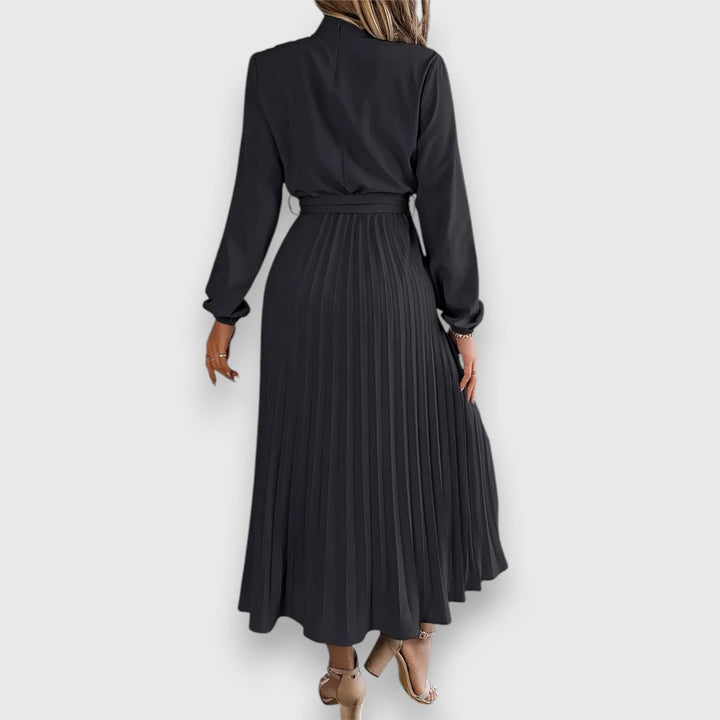 Women's Long-Sleeve Pleated Belted Fall Midi Dress