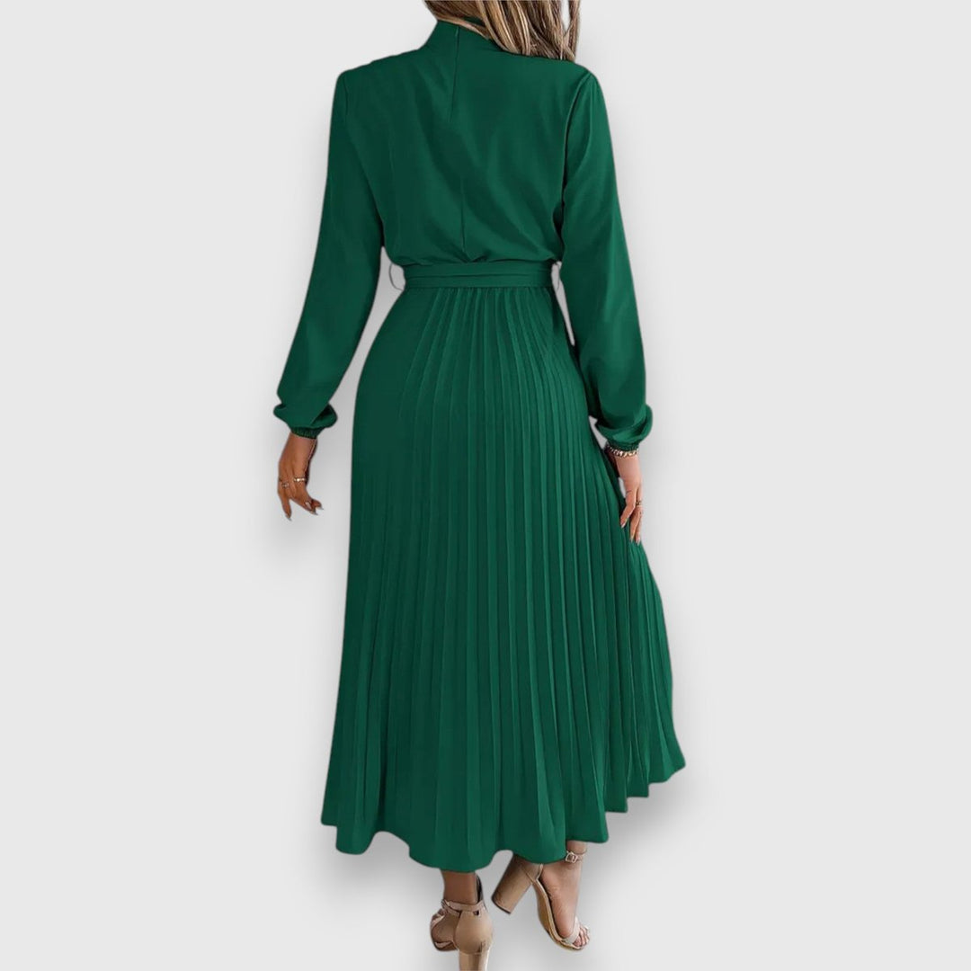 Women's Long-Sleeve Pleated Belted Fall Midi Dress