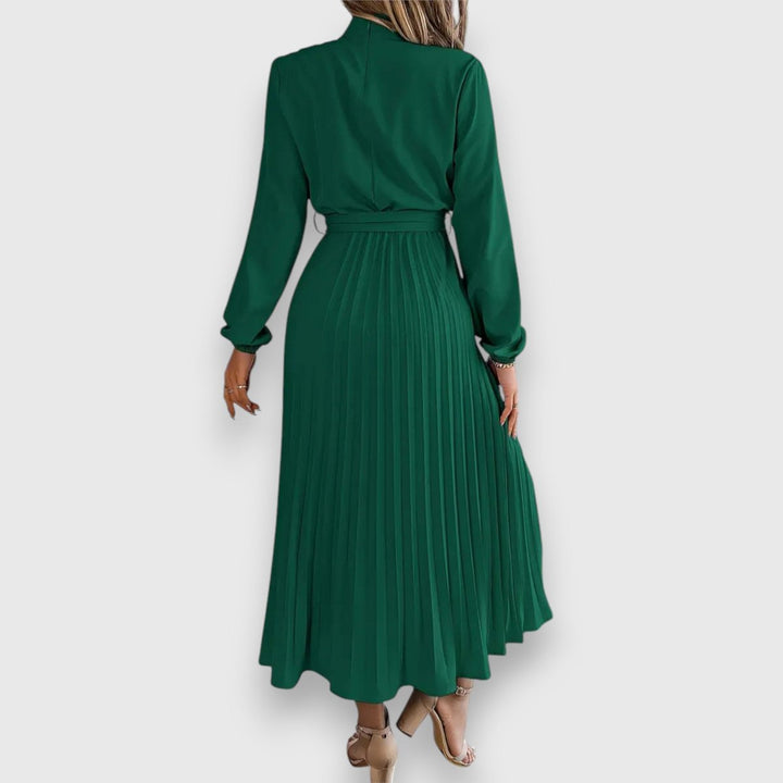 Women's Long-Sleeve Pleated Belted Fall Midi Dress