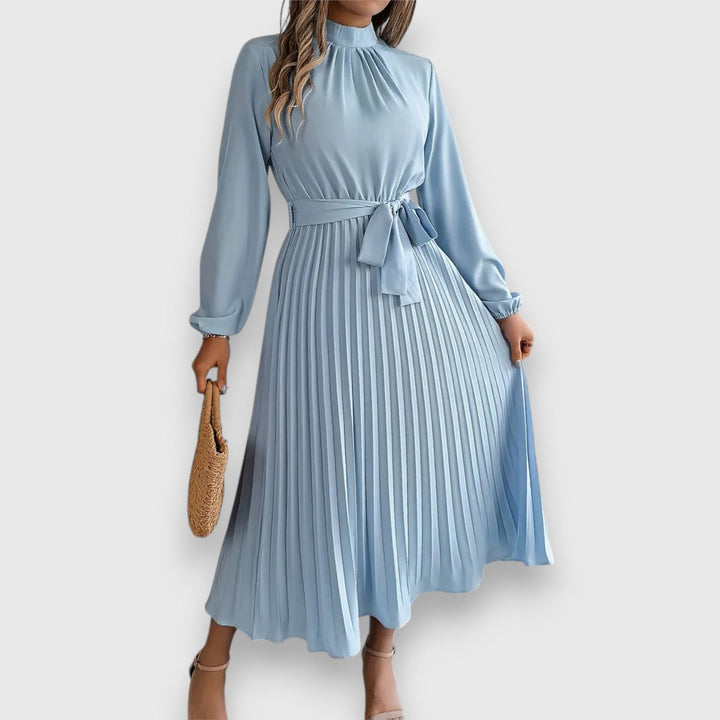 Women's Long-Sleeve Pleated Belted Fall Midi Dress