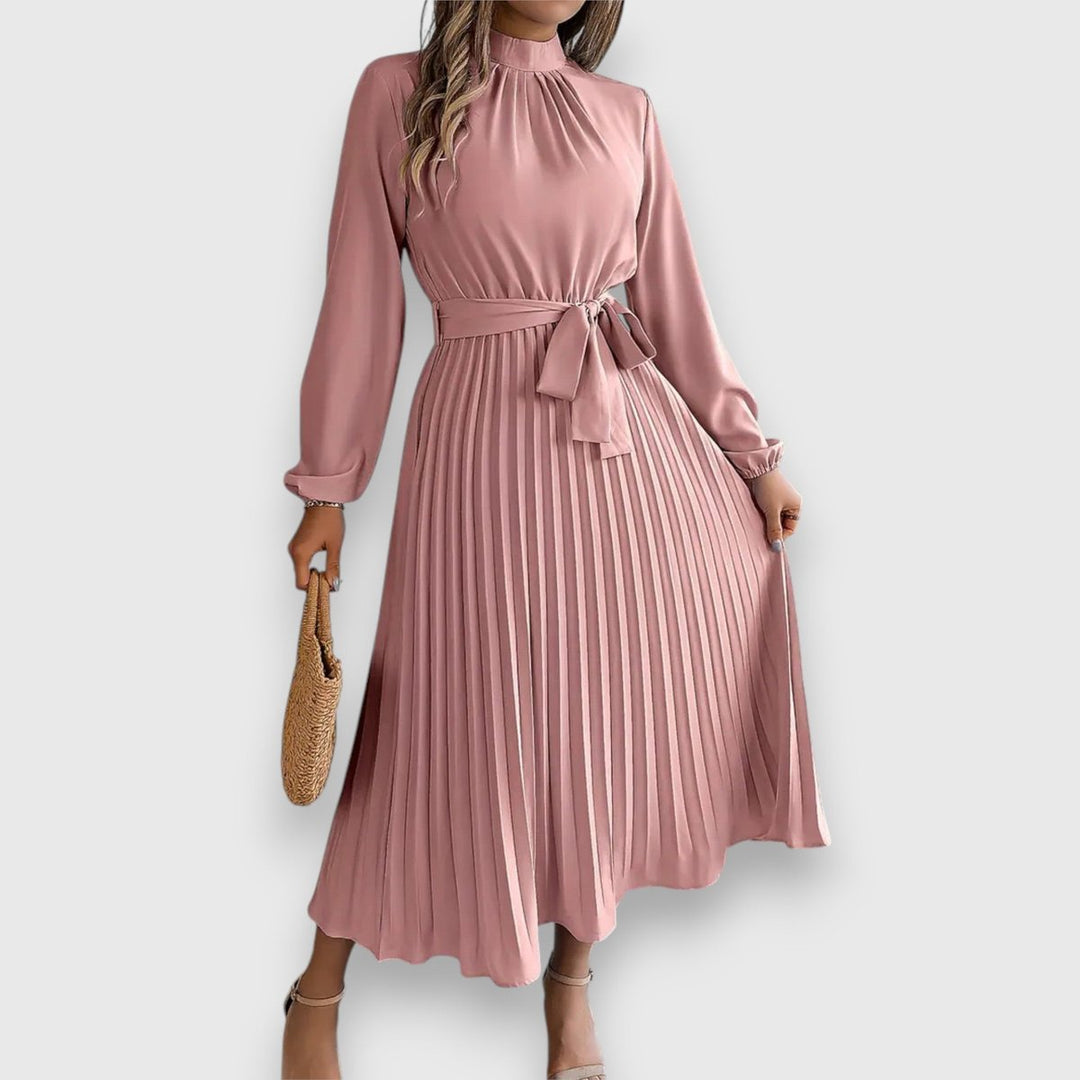 Women's Long-Sleeve Pleated Belted Fall Midi Dress