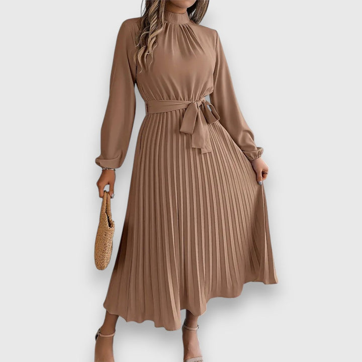 Women's Long-Sleeve Pleated Belted Fall Midi Dress
