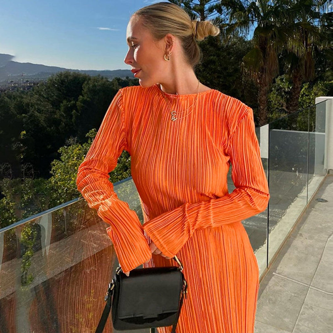Women's Long Sleeve Pleated Fall Midi Dress Fitted Bodycon