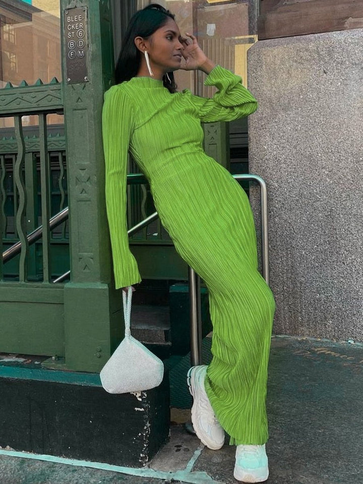 Women's Long Sleeve Pleated Fall Midi Dress Fitted Bodycon