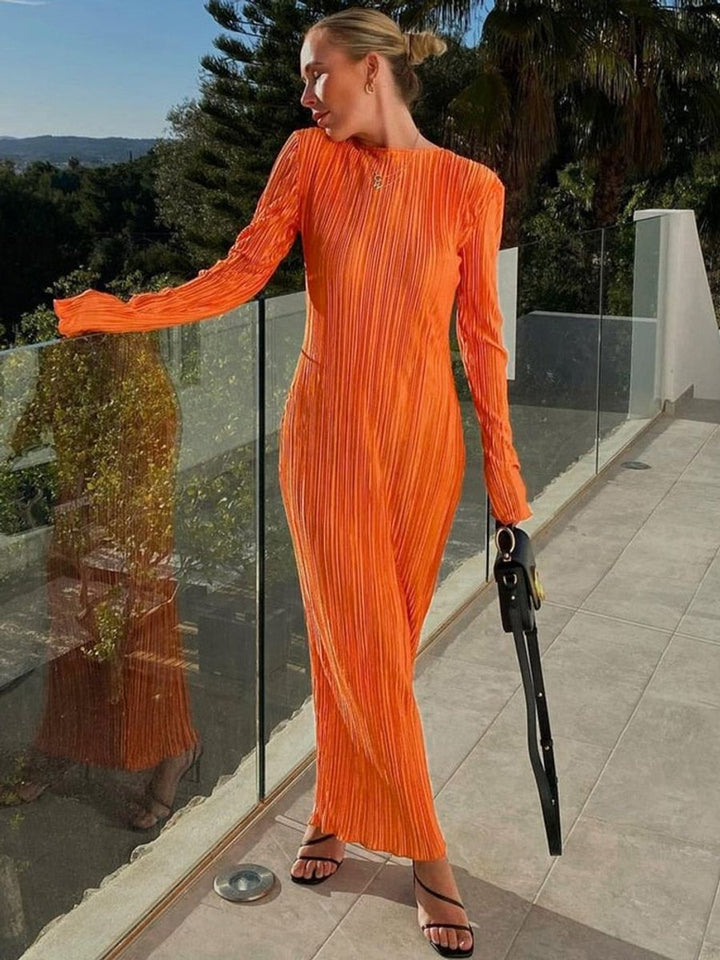 Women's Long Sleeve Pleated Fall Midi Dress Fitted Bodycon