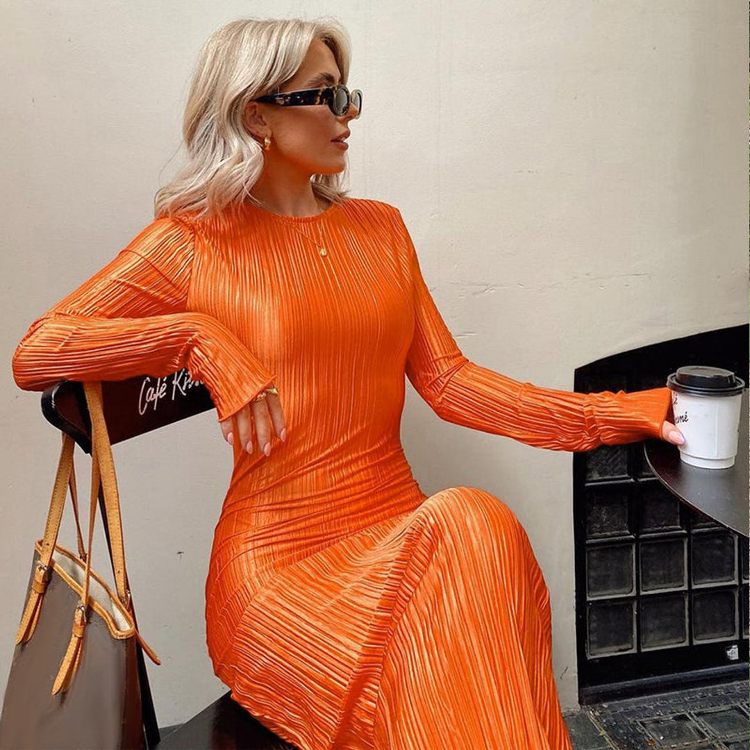 Women's Long Sleeve Pleated Fall Midi Dress Fitted Bodycon