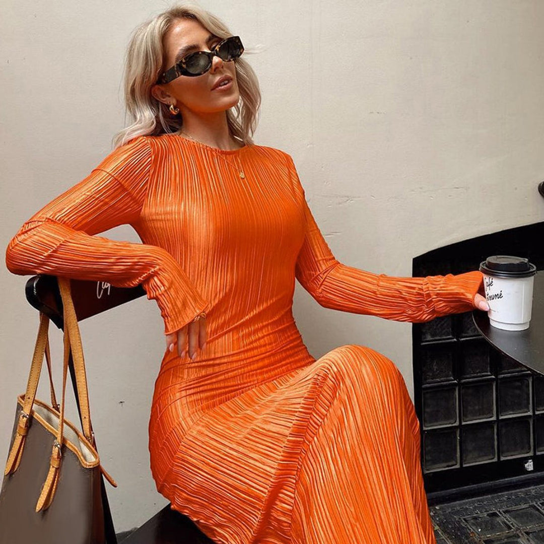 Women's Long Sleeve Pleated Fall Midi Dress Fitted Bodycon
