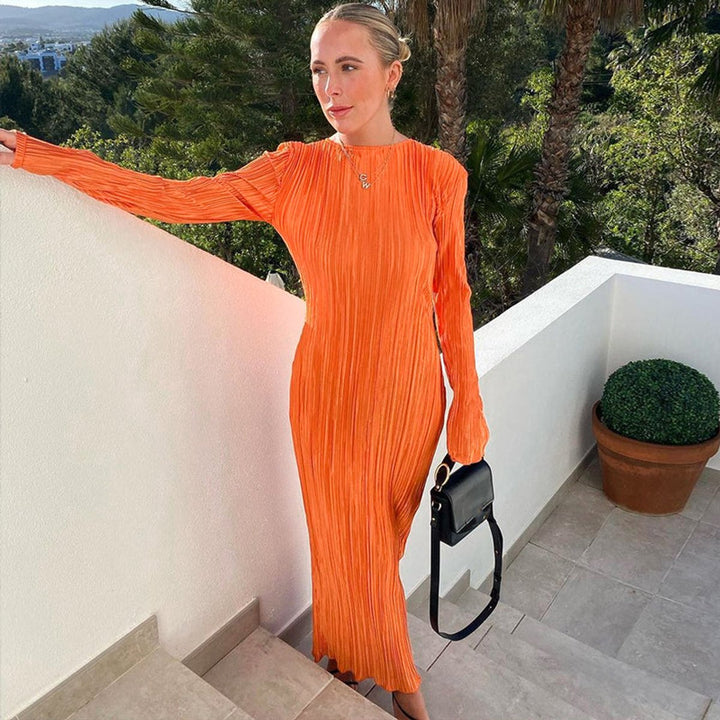Women's Long Sleeve Pleated Fall Midi Dress Fitted Bodycon