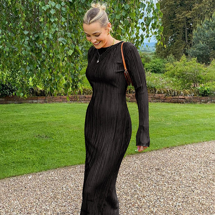 Women's Long Sleeve Pleated Fall Midi Dress Fitted Bodycon