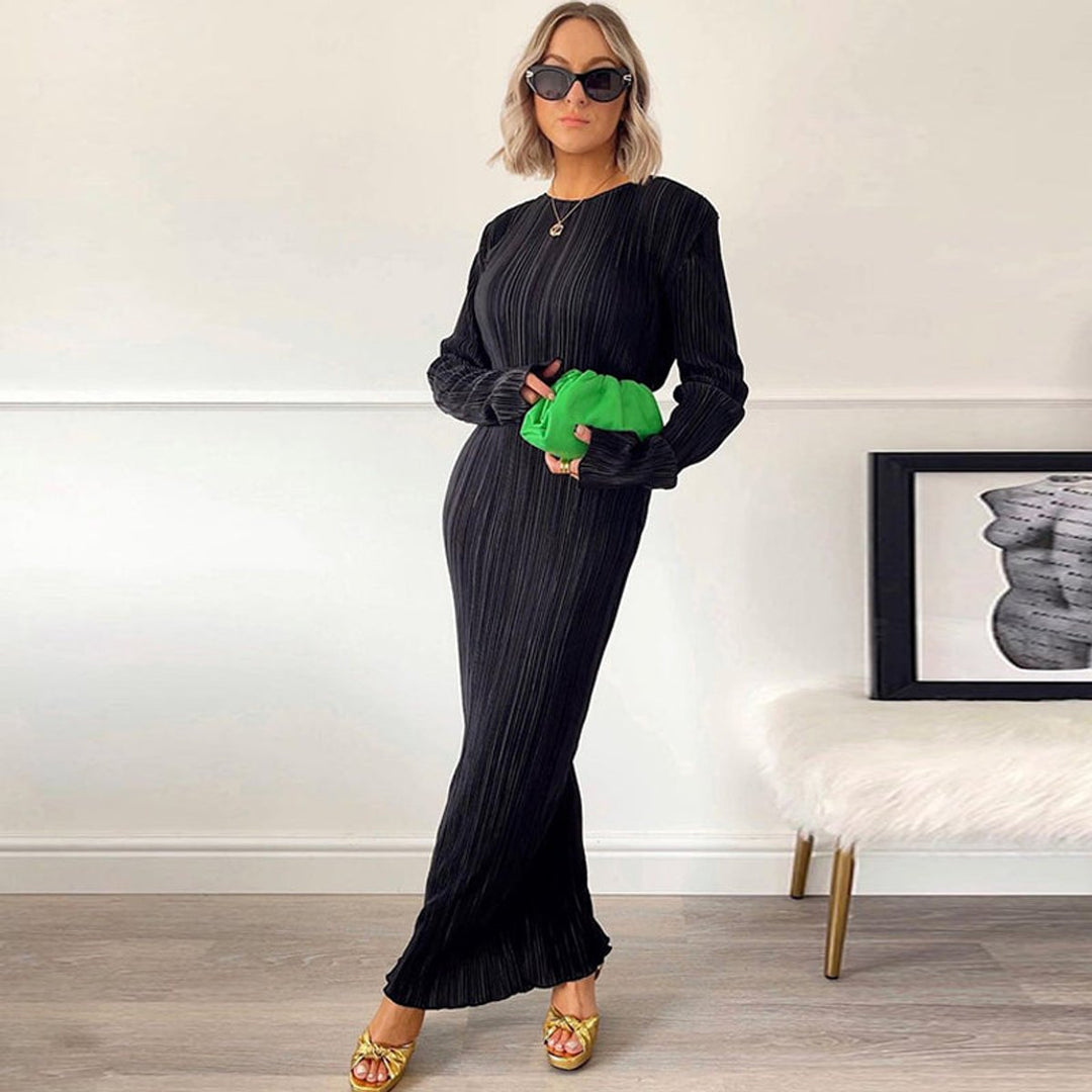 Women's Long Sleeve Pleated Fall Midi Dress Fitted Bodycon