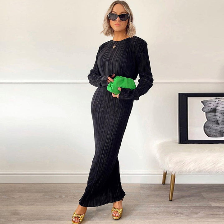 Women's Long Sleeve Pleated Fall Midi Dress Fitted Bodycon