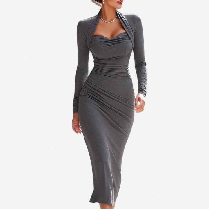 Women's Long-Sleeve Ruched Bodycon Midi Formal Dress