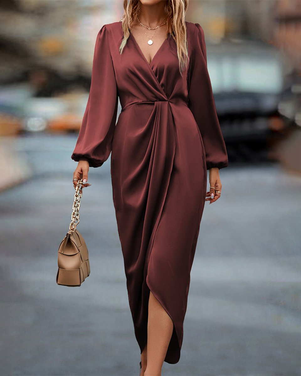 Women's Long Sleeve Satin Wrap Midi Fall Wedding Guest Dress