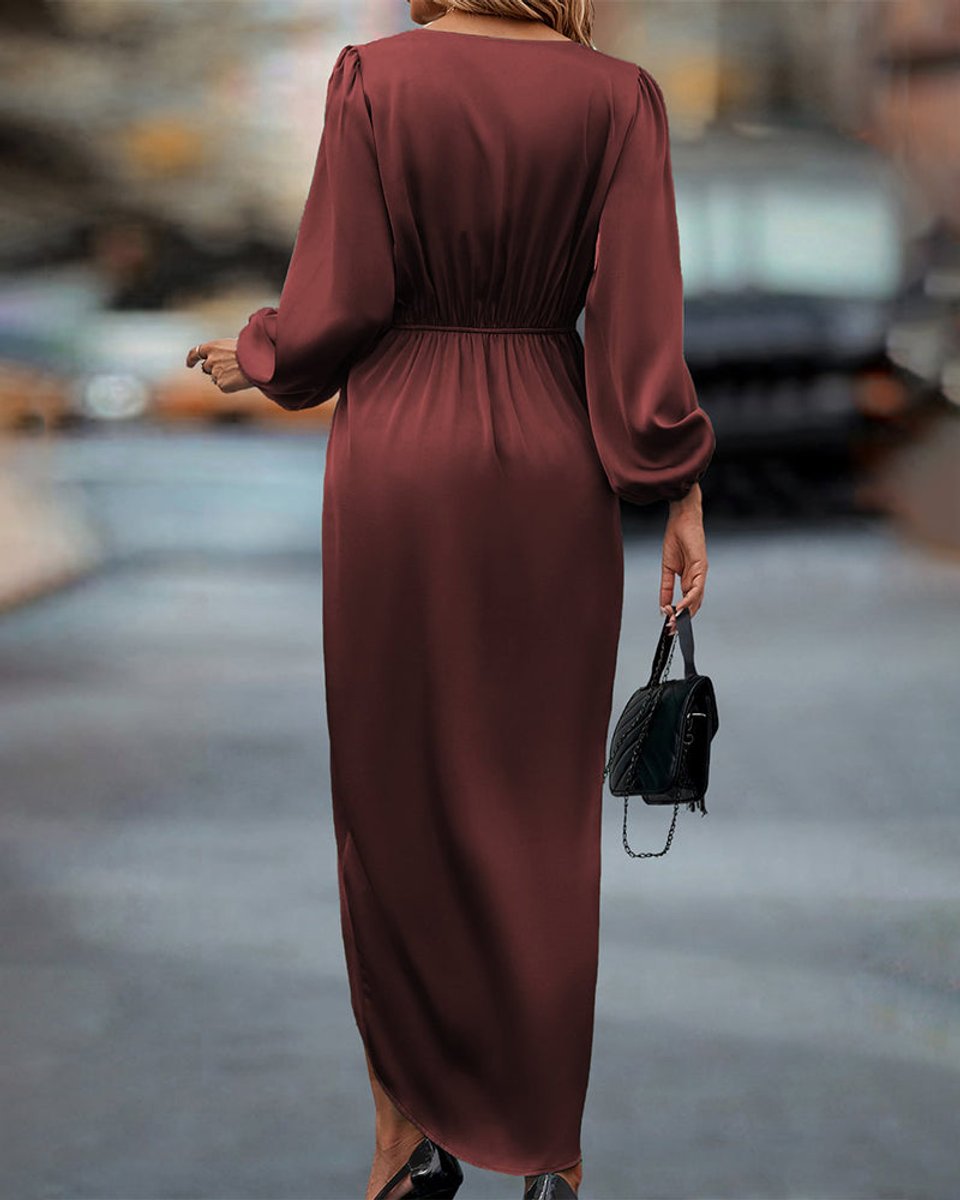 Women's Long Sleeve Satin Wrap Midi Fall Wedding Guest Dress