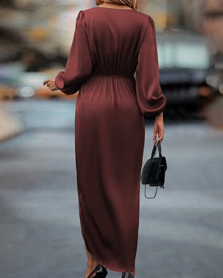 Women's Long Sleeve Satin Wrap Midi Fall Wedding Guest Dress