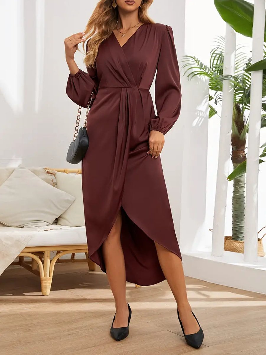 Women's Long Sleeve Satin Wrap Midi Fall Wedding Guest Dress