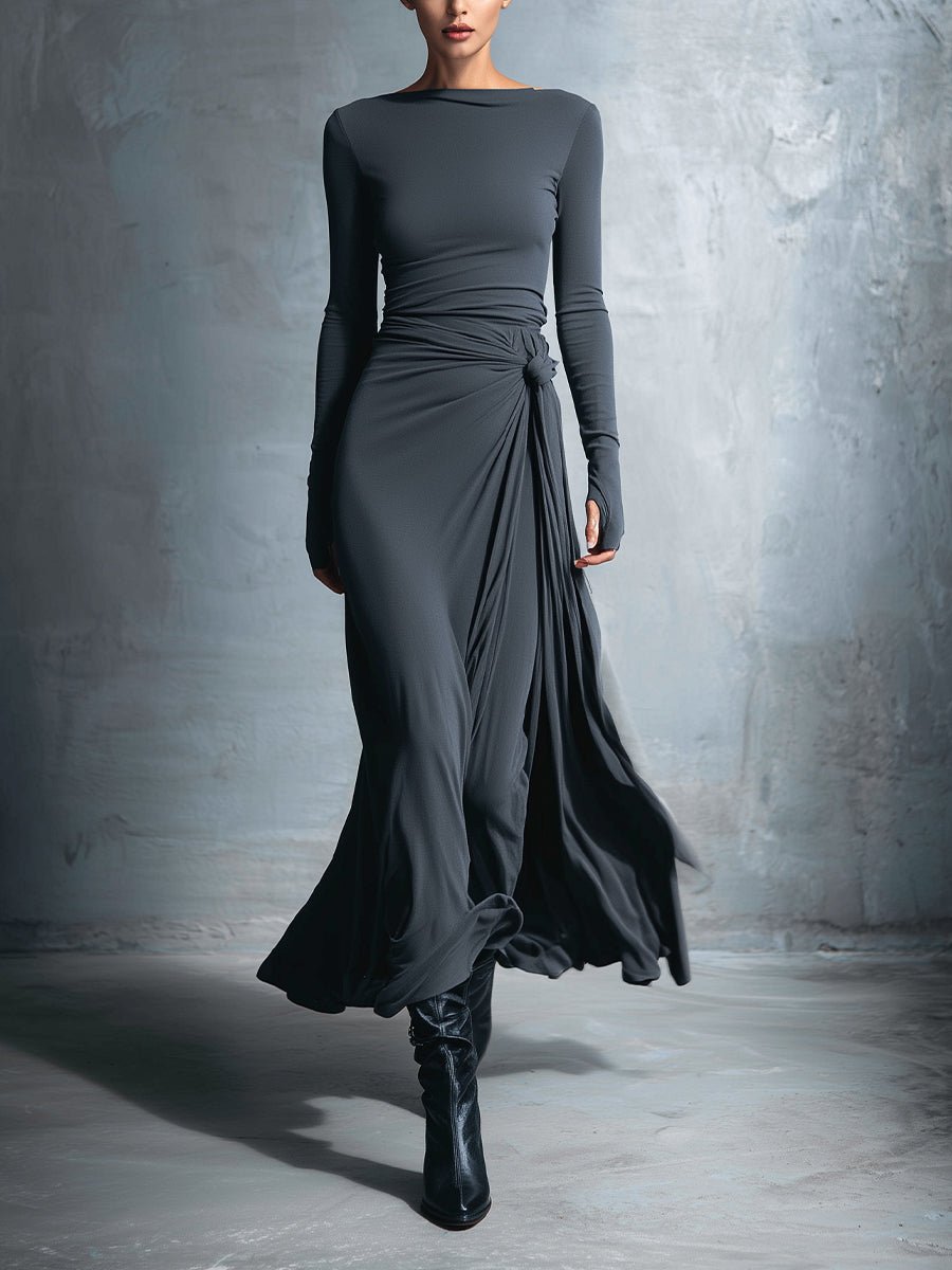 Women's Long-Sleeve Side-Knot Wrap Formal Dress Maxi
