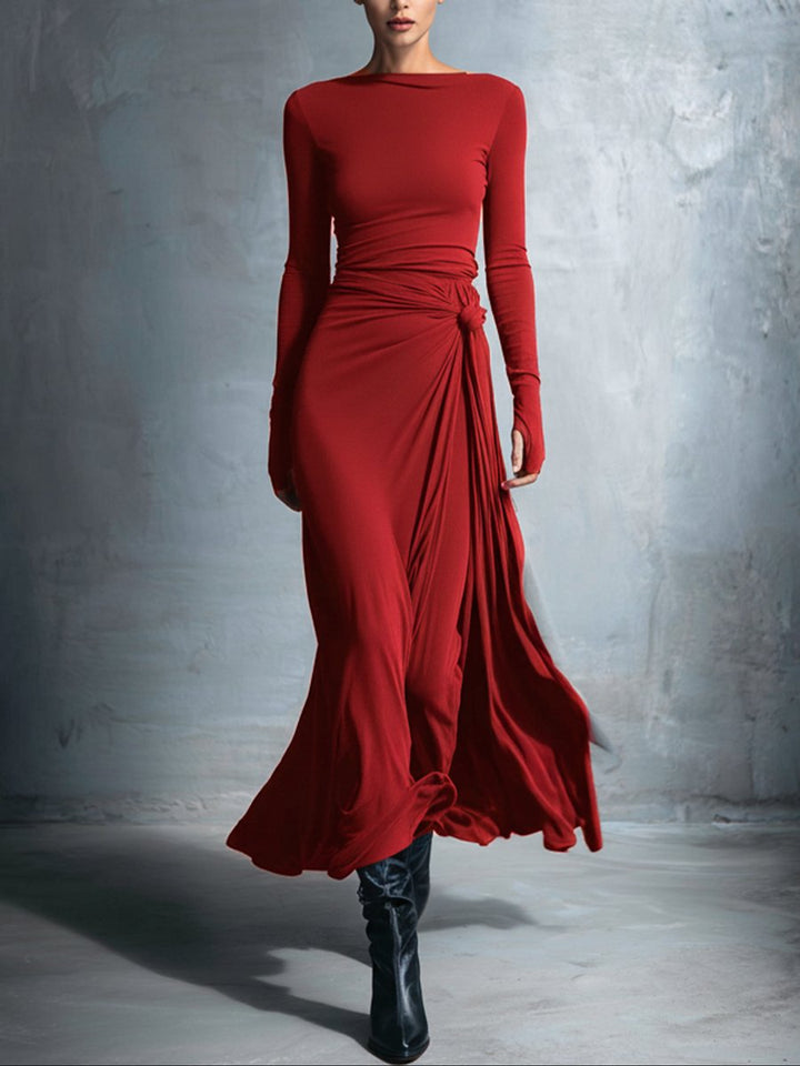 Women's Long-Sleeve Side-Knot Wrap Formal Dress Maxi