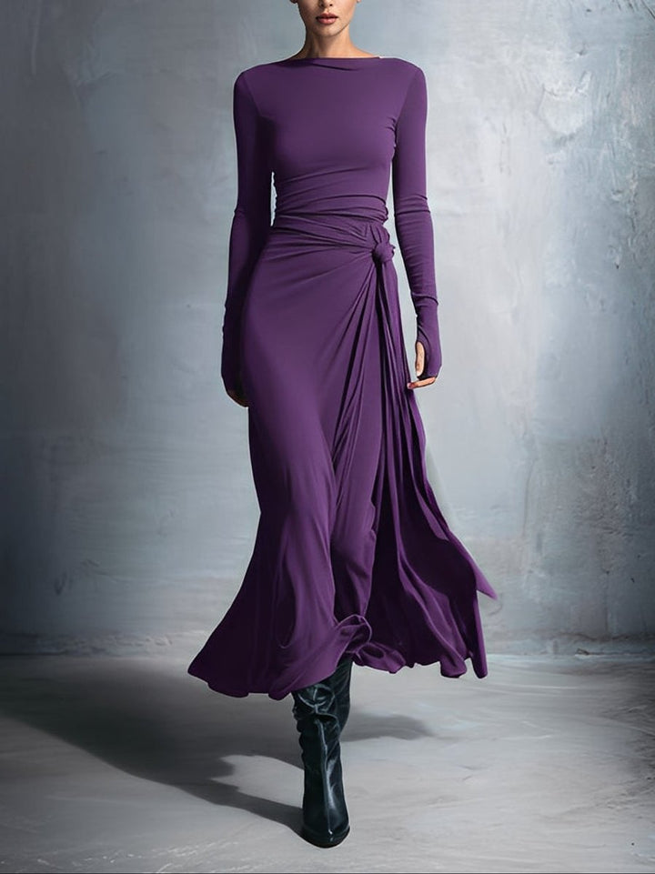 Women's Long-Sleeve Side-Knot Wrap Formal Dress Maxi