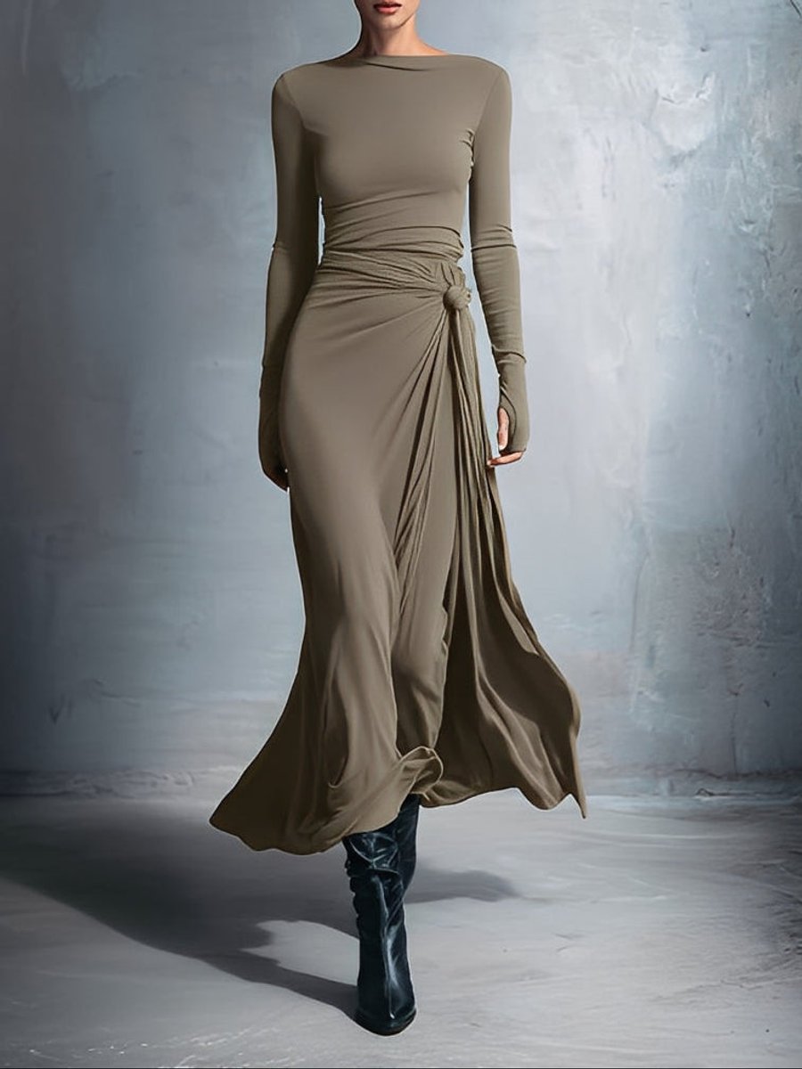 Women's Long-Sleeve Side-Knot Wrap Formal Dress Maxi