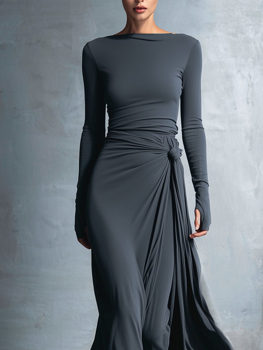 Women's Long-Sleeve Side-Knot Wrap Formal Dress Maxi