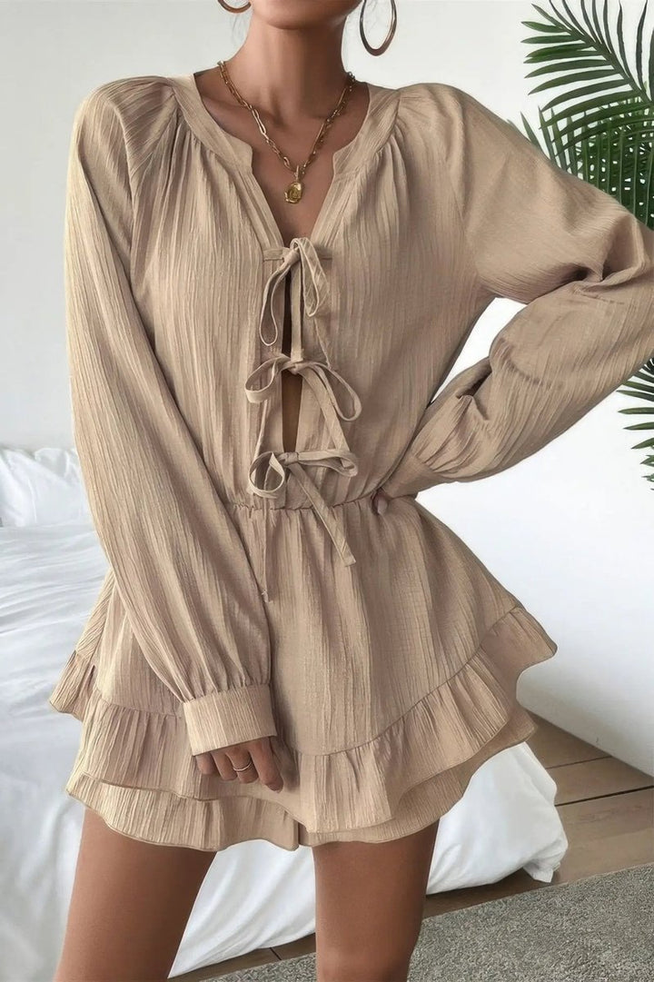 Women's Long-Sleeve Tie-Front Ruffled Fall Wedding Guest Dress