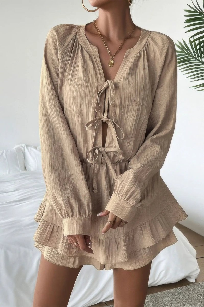 Women's Long-Sleeve Tie-Front Ruffled Fall Wedding Guest Dress
