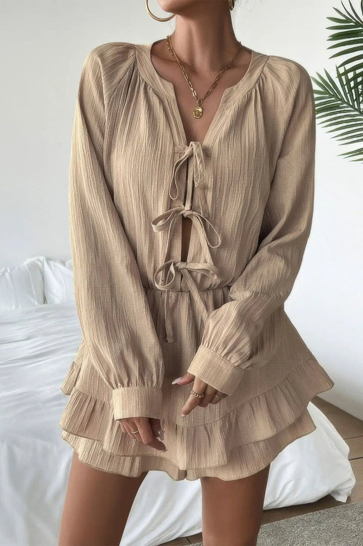 Women's Long-Sleeve Tie-Front Ruffled Fall Wedding Guest Dress