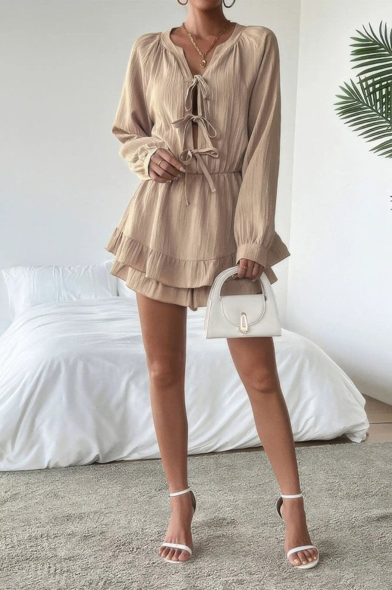 Women's Long-Sleeve Tie-Front Ruffled Fall Wedding Guest Dress