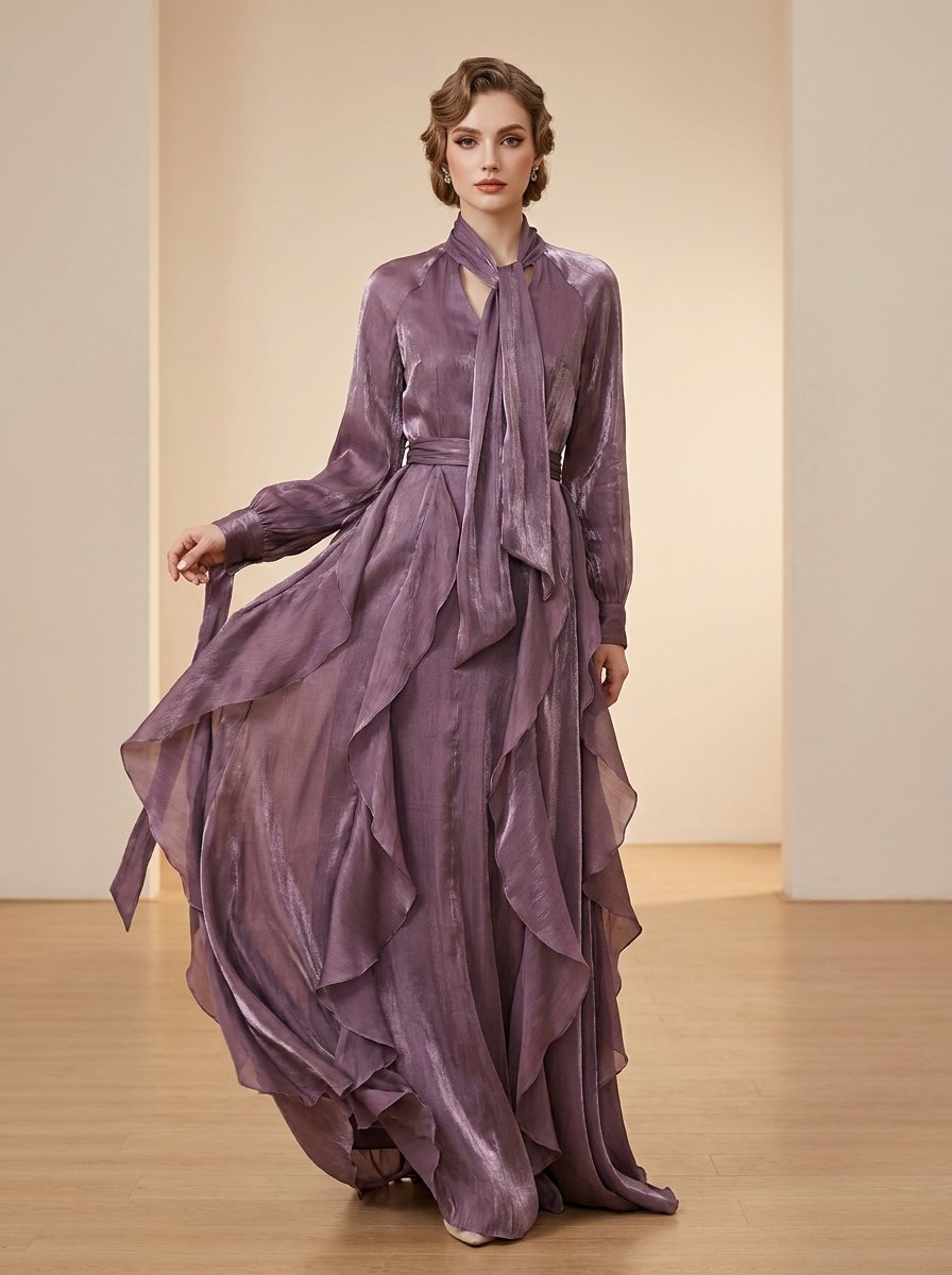 Women's Long-Sleeve Tie-Neck Ruffle-Hem Maxi Formal Dress