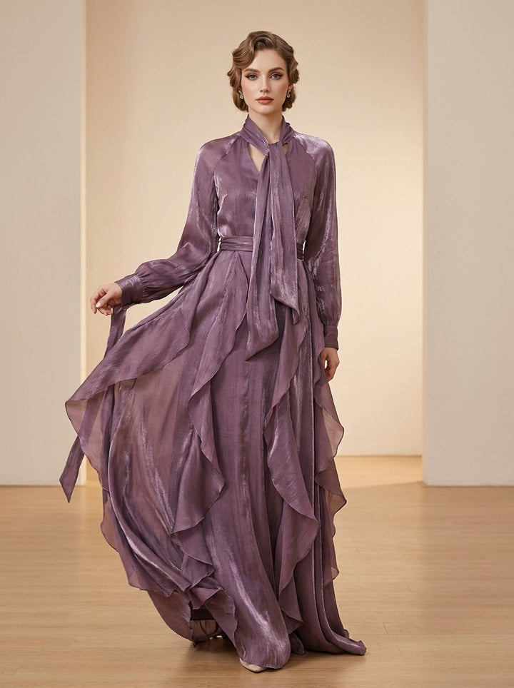 Women's Long-Sleeve Tie-Neck Ruffle-Hem Maxi Formal Dress