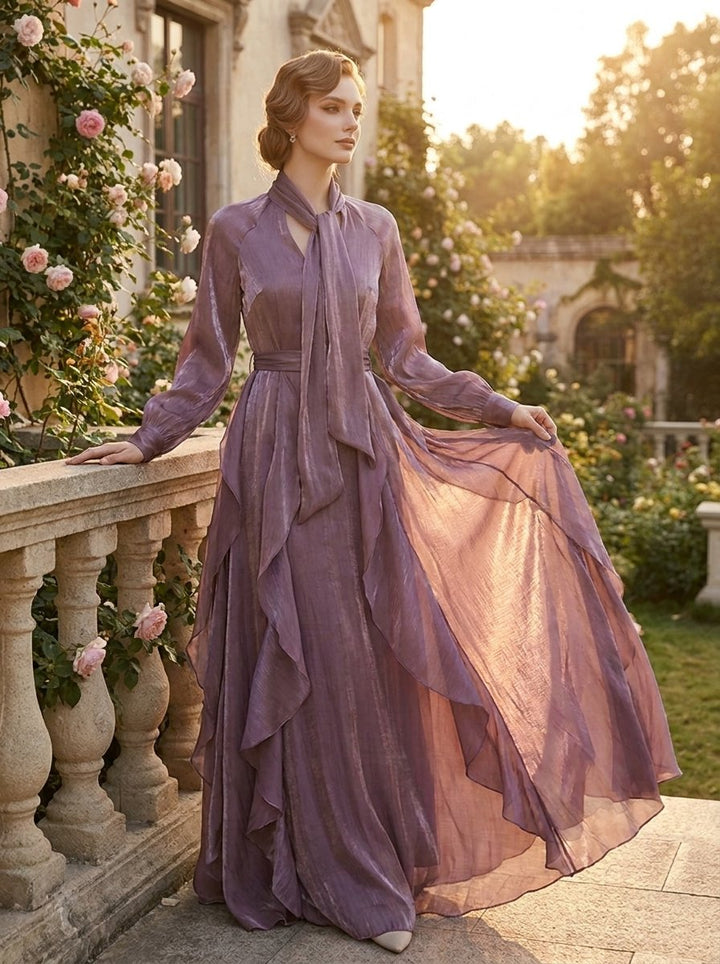 Women's Long-Sleeve Tie-Neck Ruffle-Hem Maxi Formal Dress