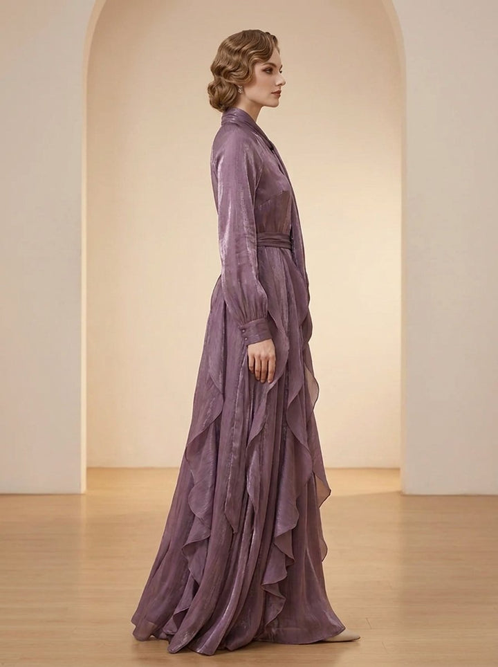 Women's Long-Sleeve Tie-Neck Ruffle-Hem Maxi Formal Dress