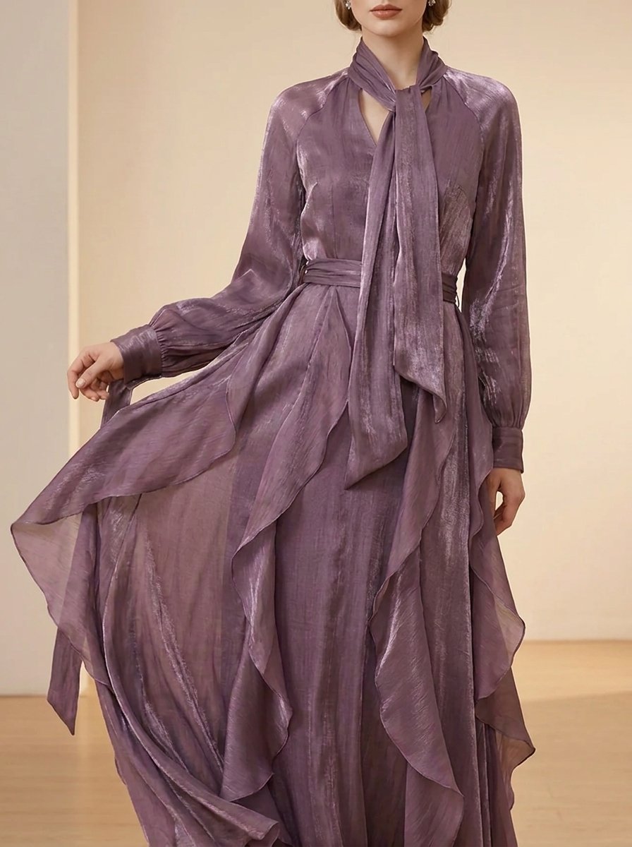 Women's Long-Sleeve Tie-Neck Ruffle-Hem Maxi Formal Dress