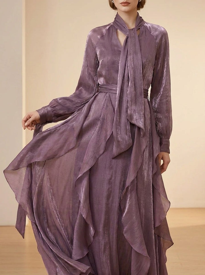 Women's Long-Sleeve Tie-Neck Ruffle-Hem Maxi Formal Dress