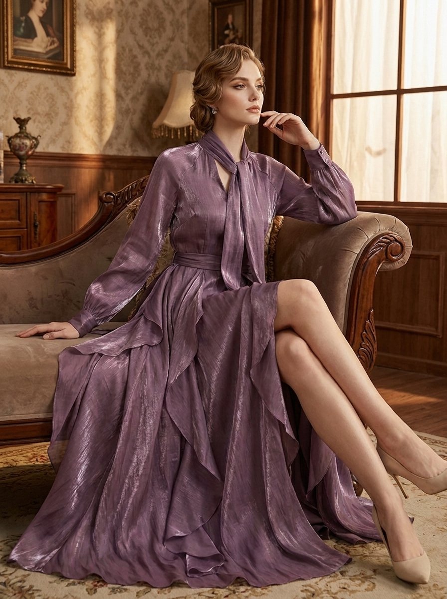 Women's Long-Sleeve Tie-Neck Ruffle-Hem Maxi Formal Dress