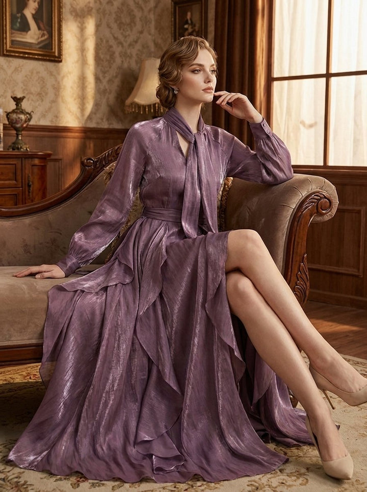 Women's Long-Sleeve Tie-Neck Ruffle-Hem Maxi Formal Dress
