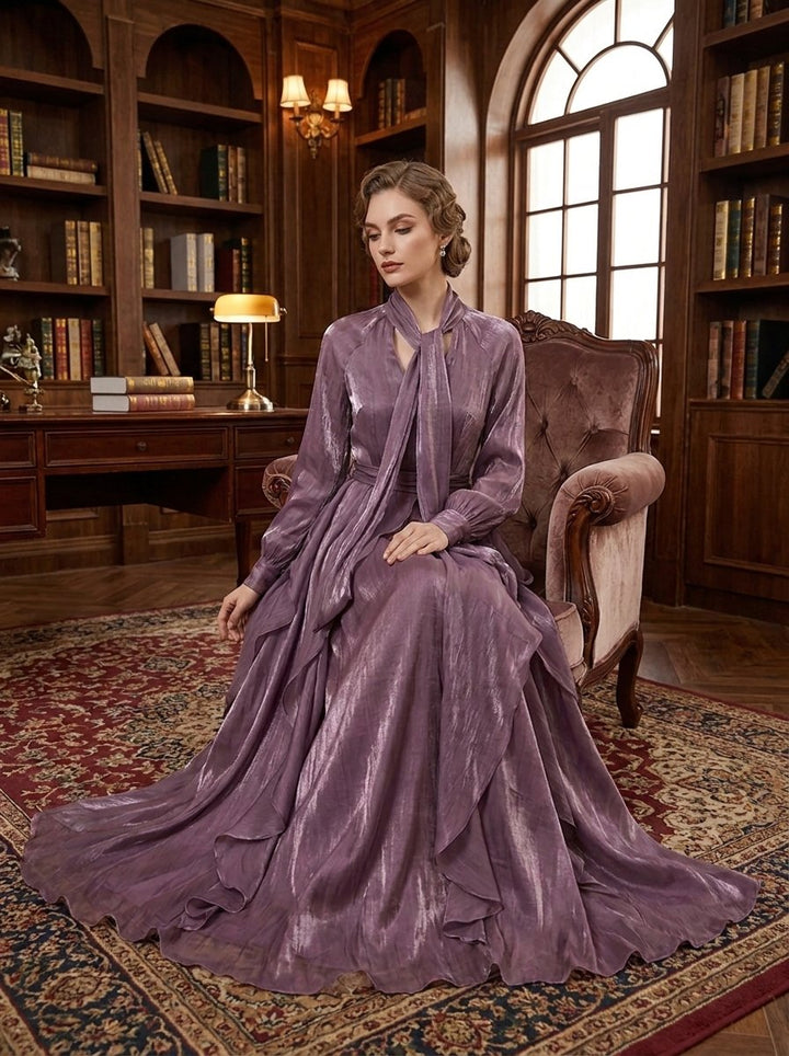 Women's Long-Sleeve Tie-Neck Ruffle-Hem Maxi Formal Dress