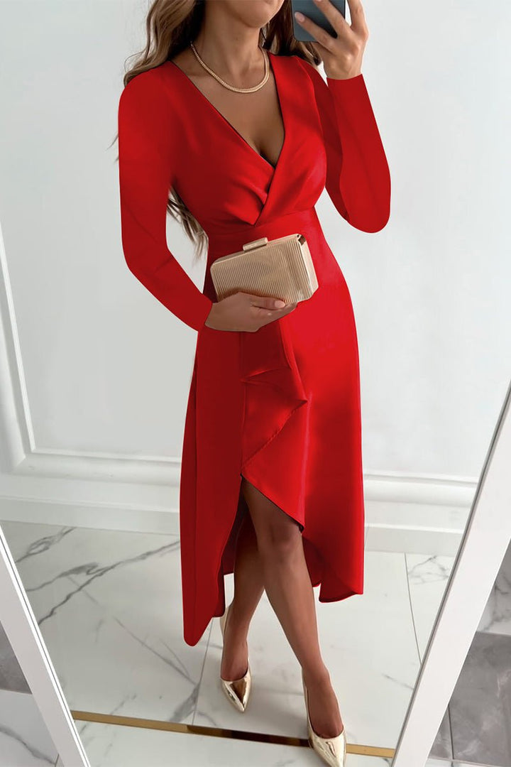 Women's Long Sleeve V-Neck Asymmetric Fall Midi Dress