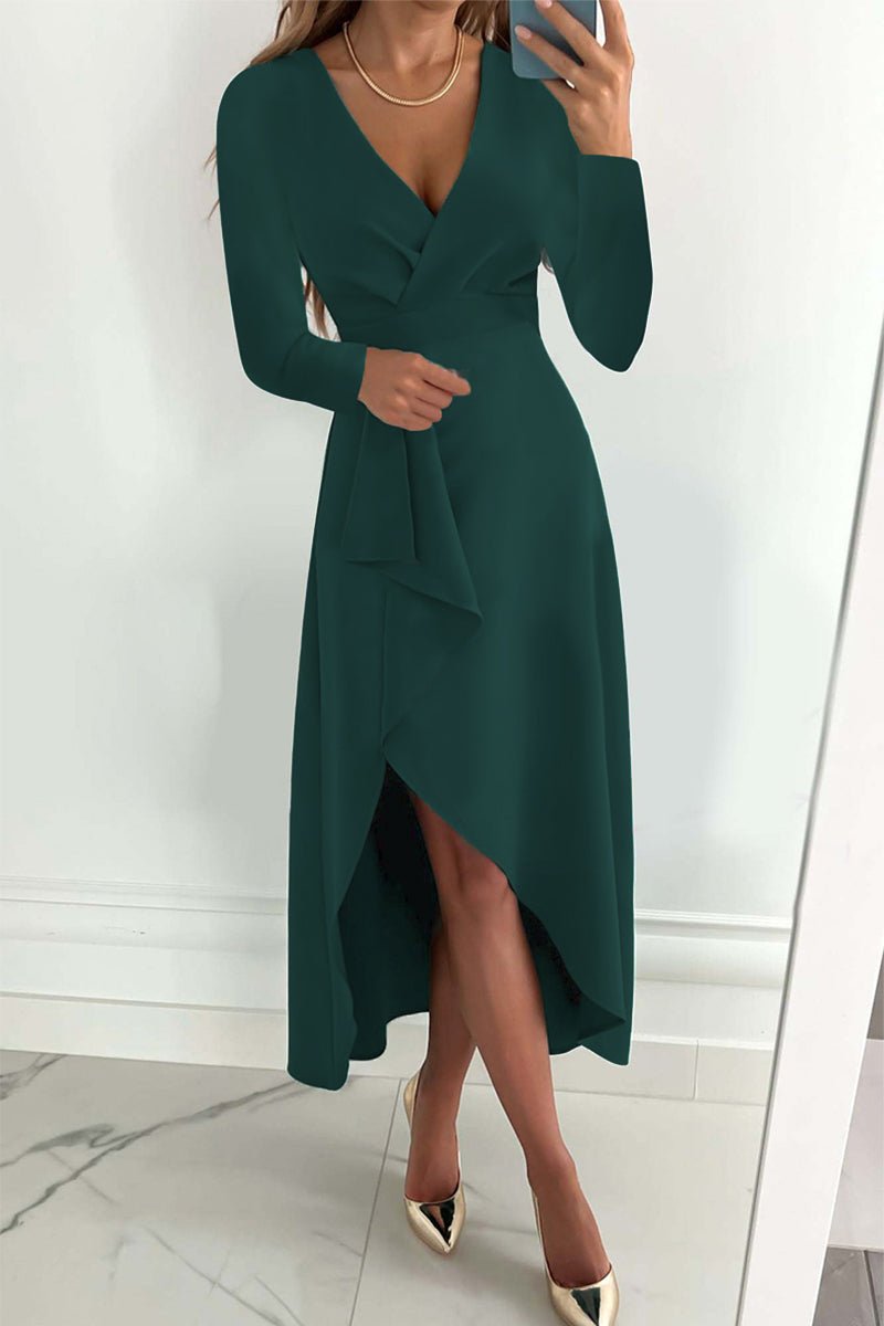 Women's Long Sleeve V-Neck Asymmetric Fall Midi Dress