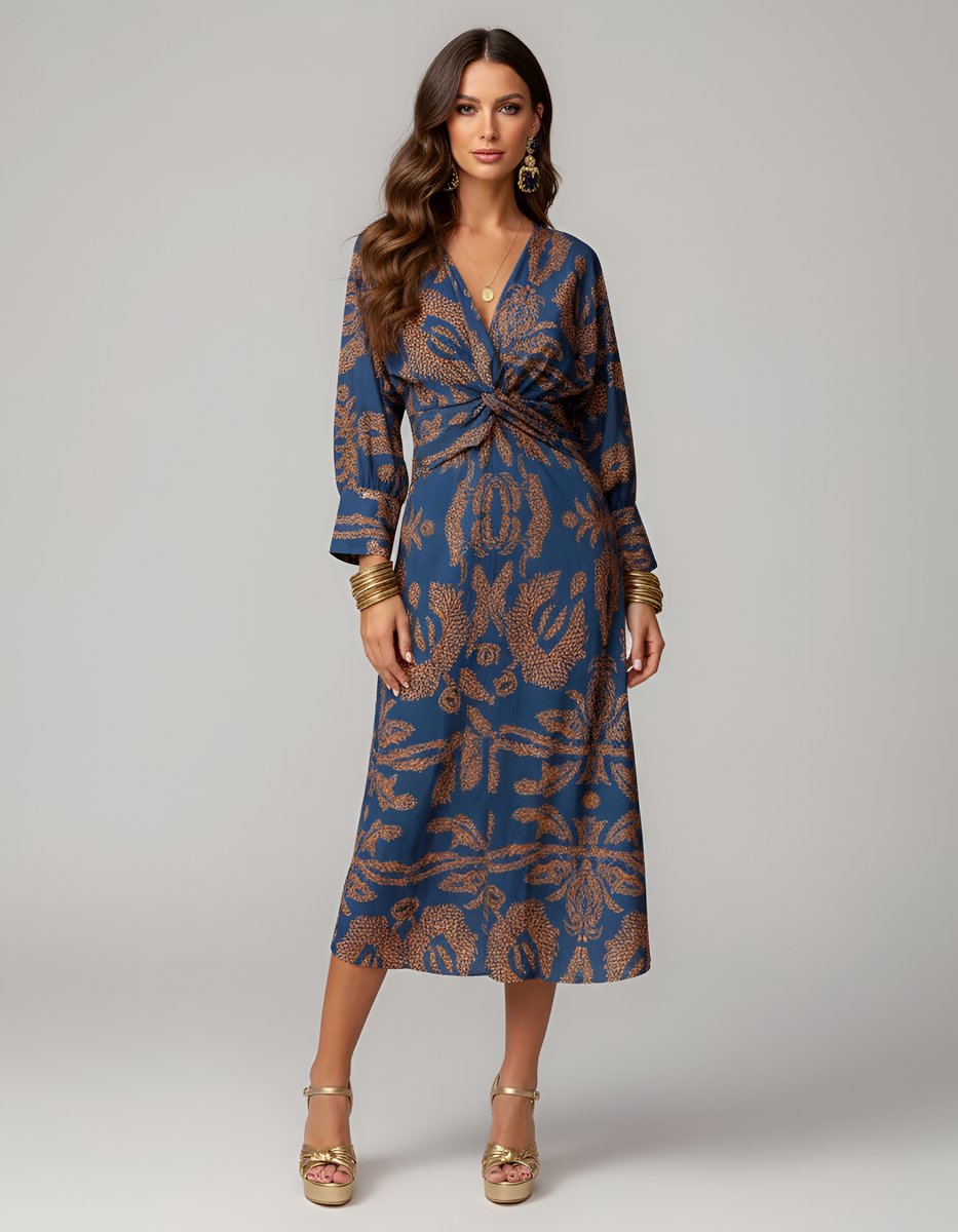 Women's Long Sleeve V-Neck Front-Knot Fall Wedding Guest Dress