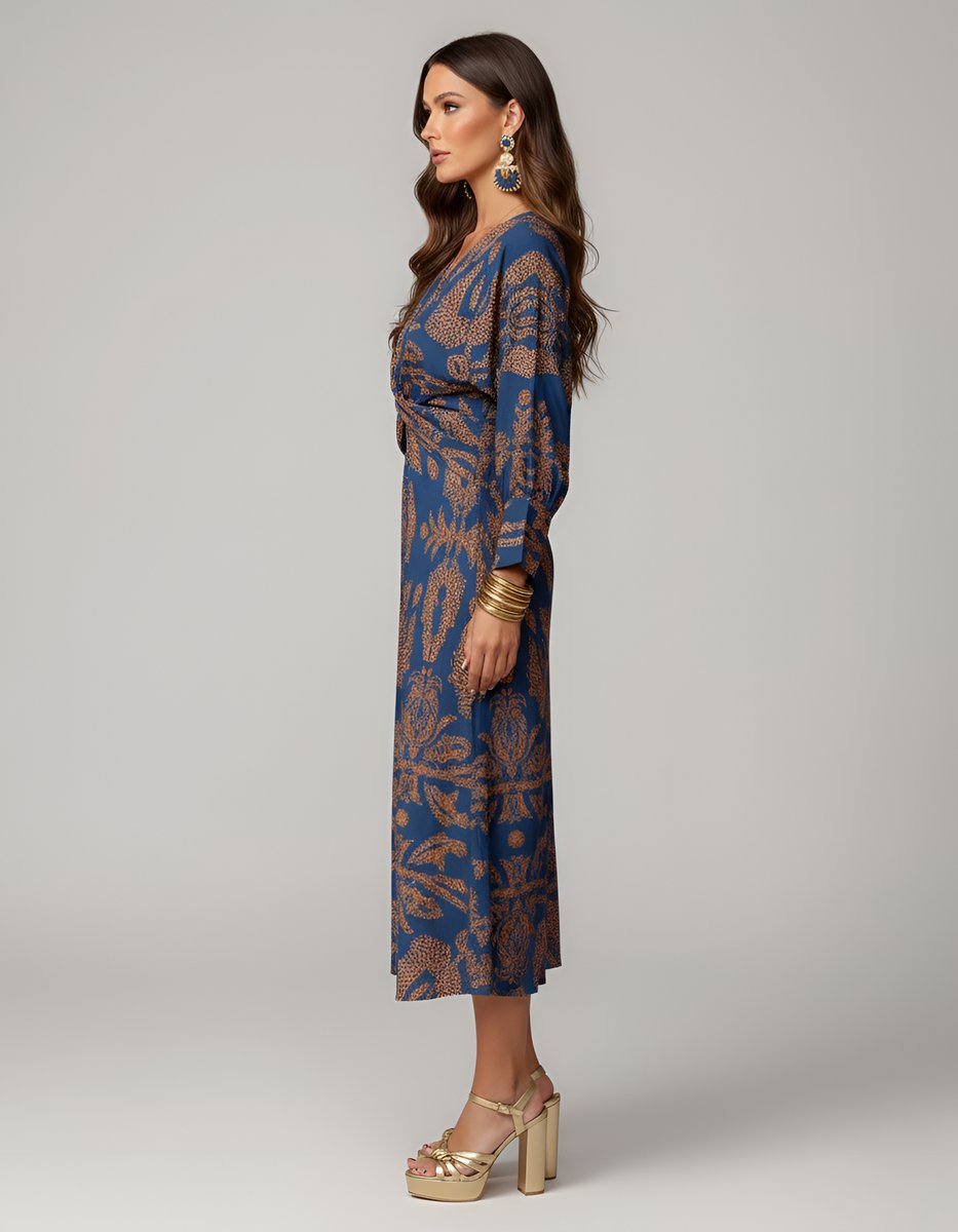 Women's Long Sleeve V-Neck Front-Knot Fall Wedding Guest Dress