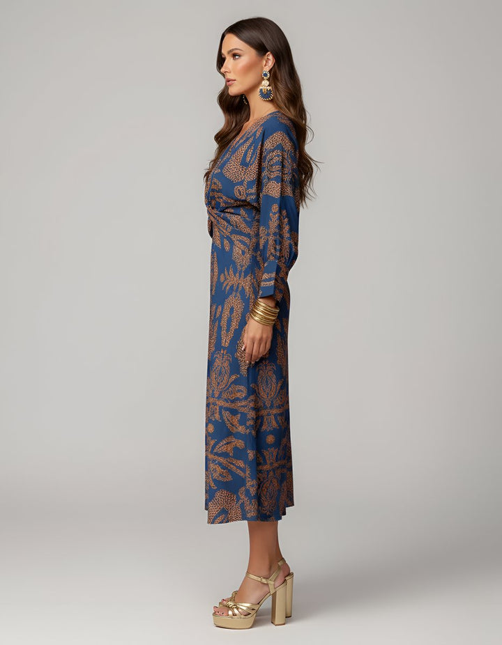 Women's Long Sleeve V-Neck Front-Knot Fall Wedding Guest Dress