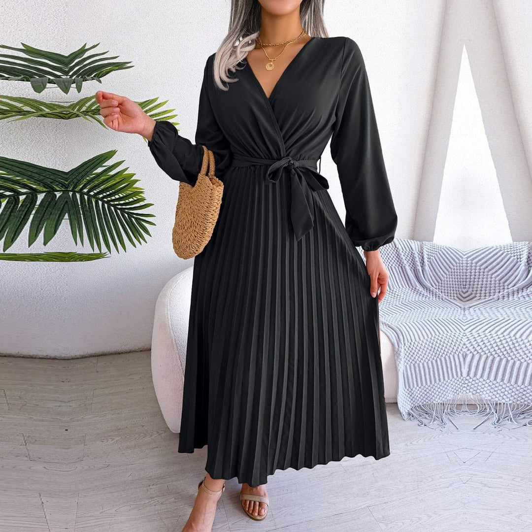 Women's Long Sleeve V-Neck Pleated Wrap Formal Dress